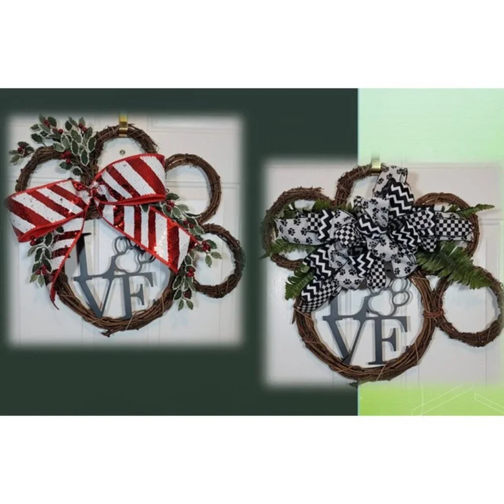 Interchangeable 2-in-1 Dog Paw Wreath w/Red/White Sequin‎ Bow & Black/White Bows